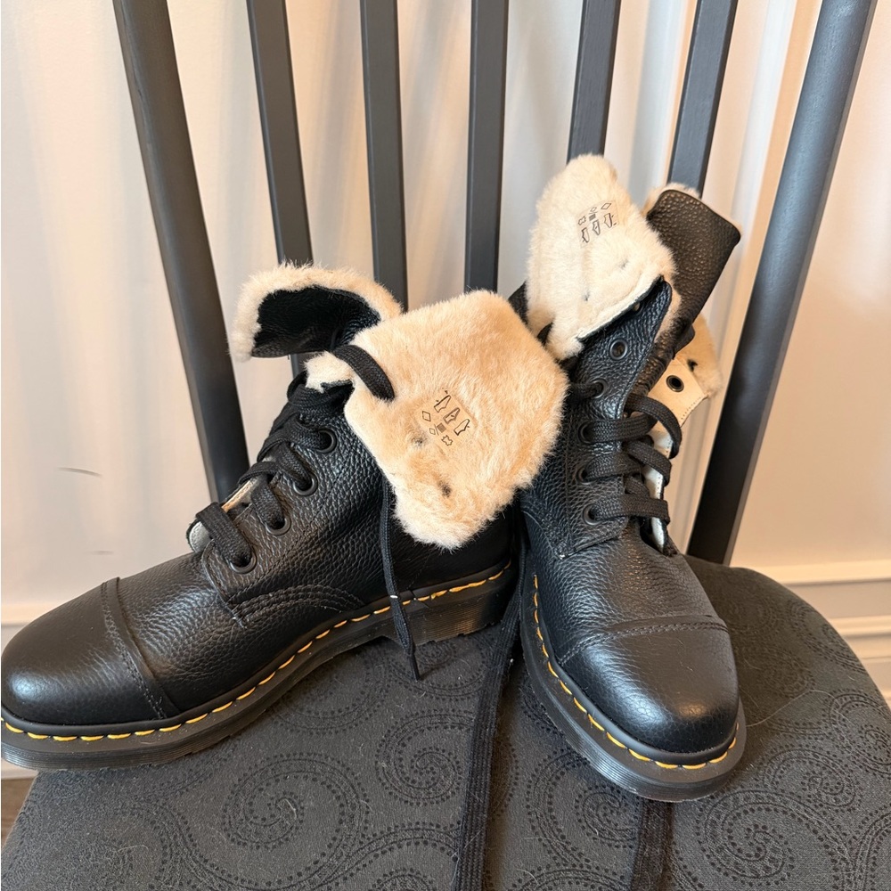Dr. Martens Black Leather Combat Boots with Cream Fur Collar